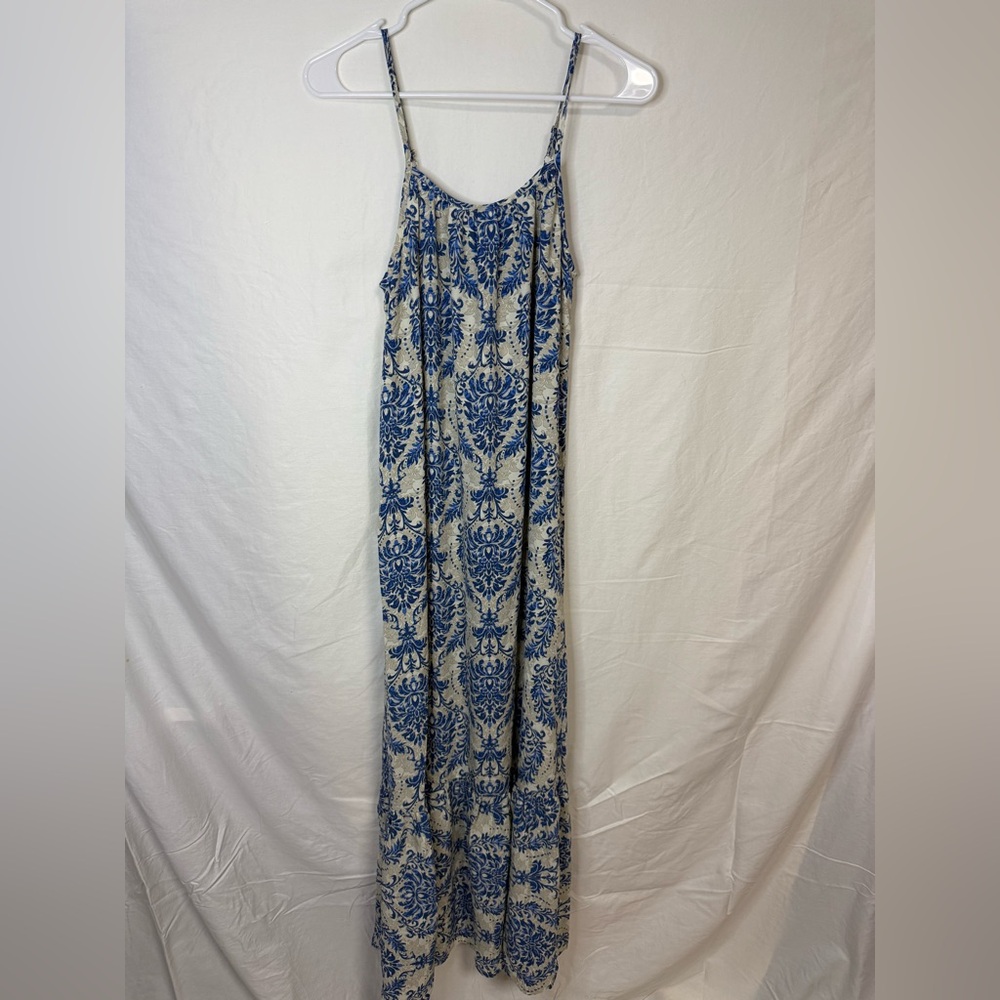 Chic Blue and Cream Maxi Dress